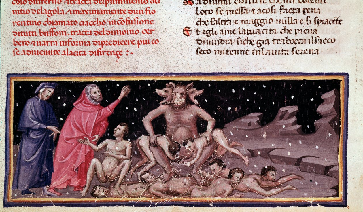 Dante und Virgil treffen Ciacco und Cerberus mit den Gefräßigen (Gesang 9 aus der Hölle, in der Göttlichen Komödie) - Miniatur von Unknown artist