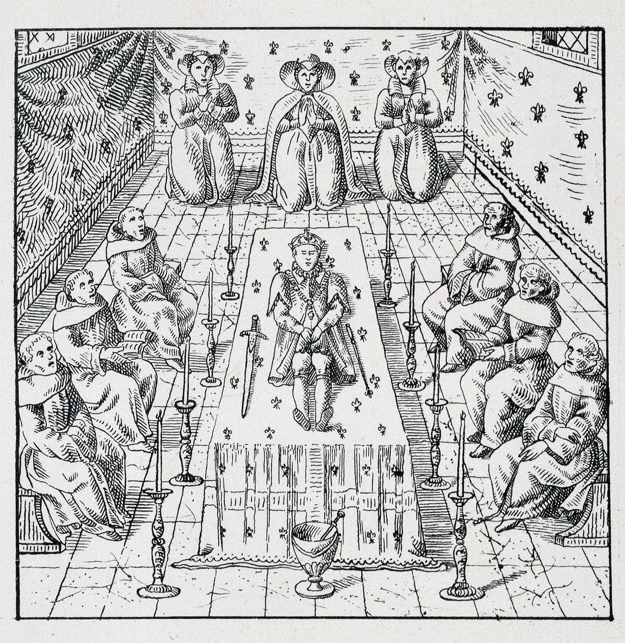 Tod von Karl IX. am 30. Mai 1574 im Alter von 24 Jahren - in „Sammlung von 39 Figuren, die die Katastrophen Frankreichs von 1562 bis 1586 darstellen“ Louis Perrin Druckerei von Unknown artist