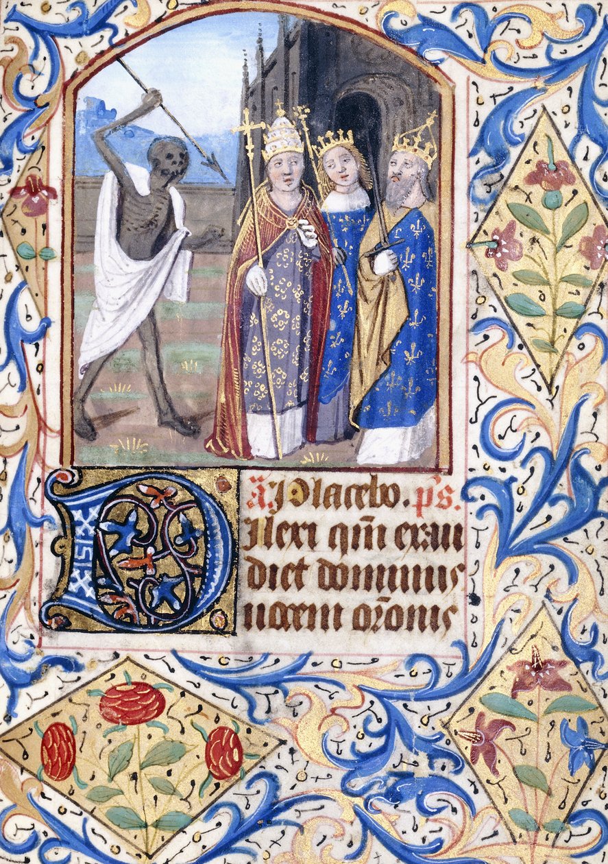 Der Tod mit seinem Speer, der auf drei Figuren zeigt, ein Papst, ein König, ein König und eine Königin, vor einer gotischen Kirche, ca. 1470 von Unknown artist