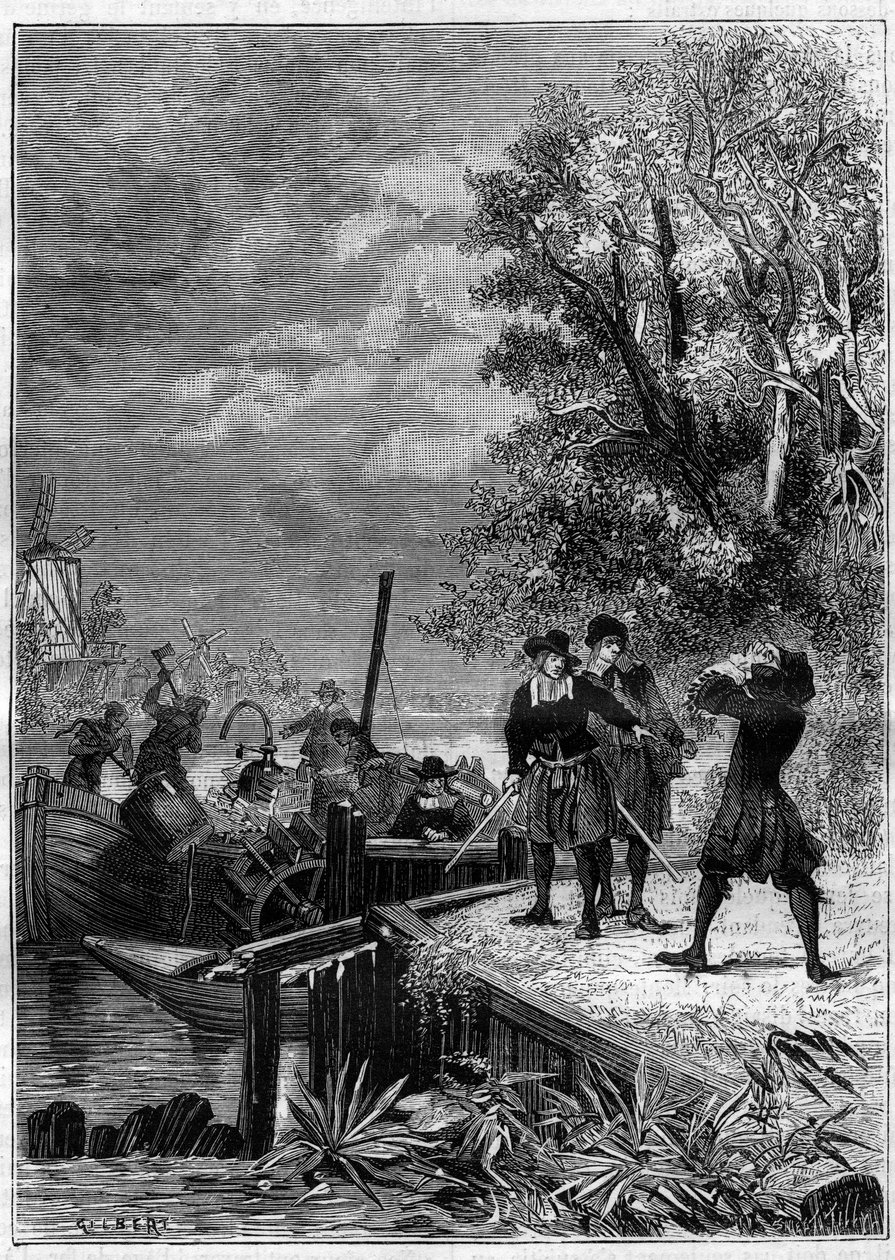 Denis Papin (1647-1712), Physiker, Mathematiker und französischer Erfinder, betrachtet sein Boot, das mit seiner neuen Erfindung, einem noch unbekannten Dampfsystem, ausgestattet ist, das von Bootsmännern zerstört wurde, um einige Teile zu verkaufen. Gravu von Unknown artist