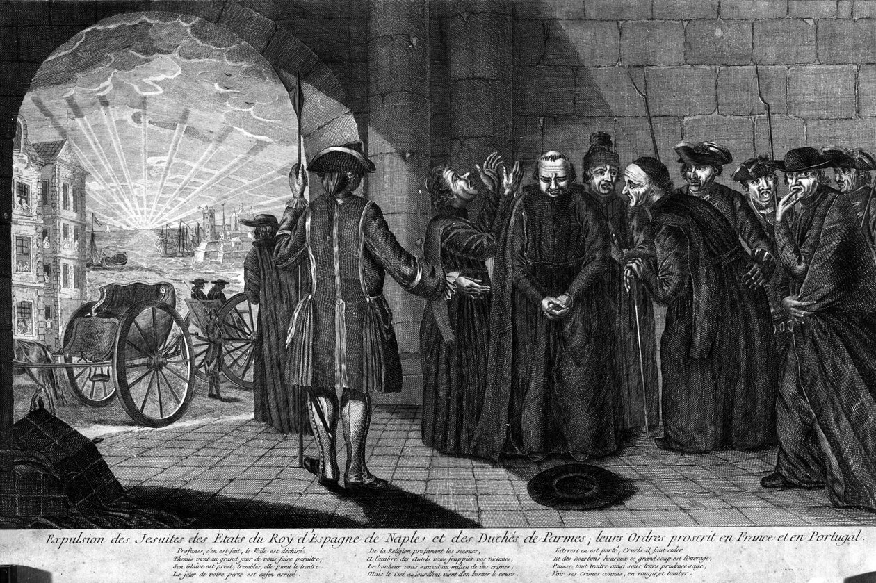 Deportation der Jesuiten am 21.07.1773: Vertreibung der Jesuiten aus den Staaten des Königs von Spanien, Neapel und dem Herzogtum Parma, ihre Orden in Frankreich und Portugal verboten. Gravur aus dem frühen 19. Jahrhundert von Unknown artist