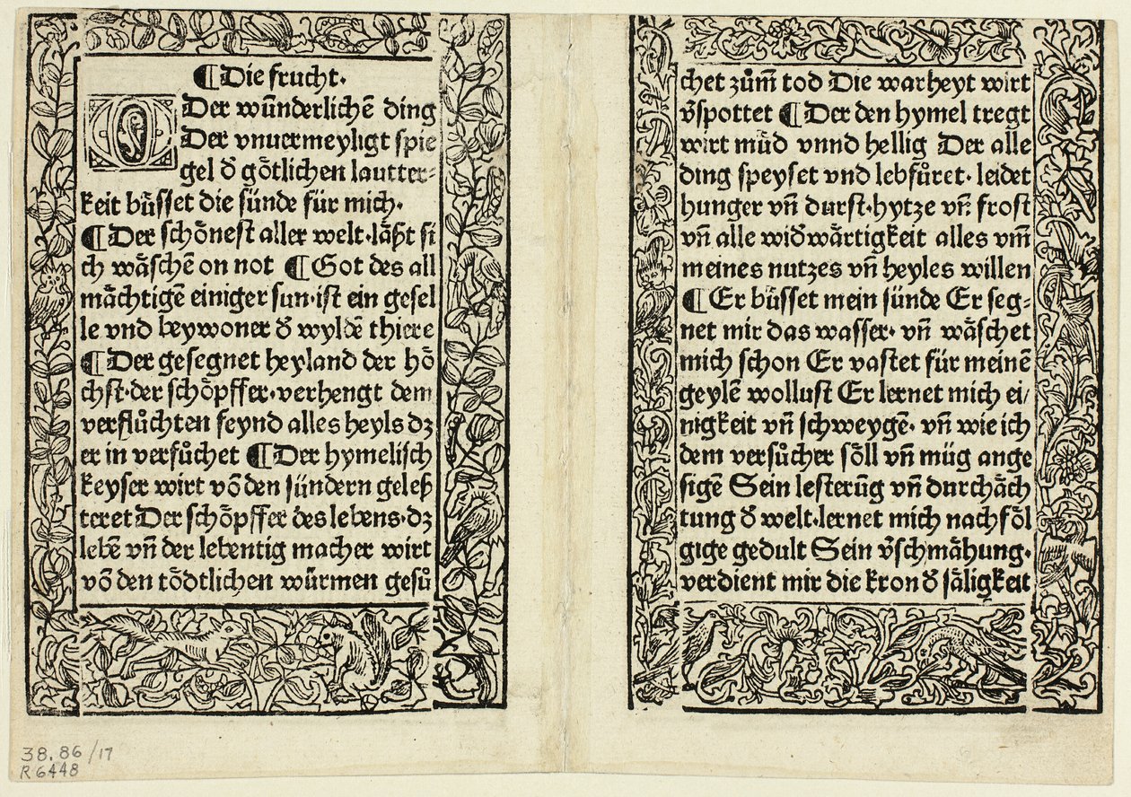 Andächtige Passagen mit ornamentalen Rändern aus Andächtig Zeitglöcklein des Lebens und Leidens Christi, Platte 17 aus Holzschnitten aus Büchern des 15. Jahrhunderts von Unknown artist
