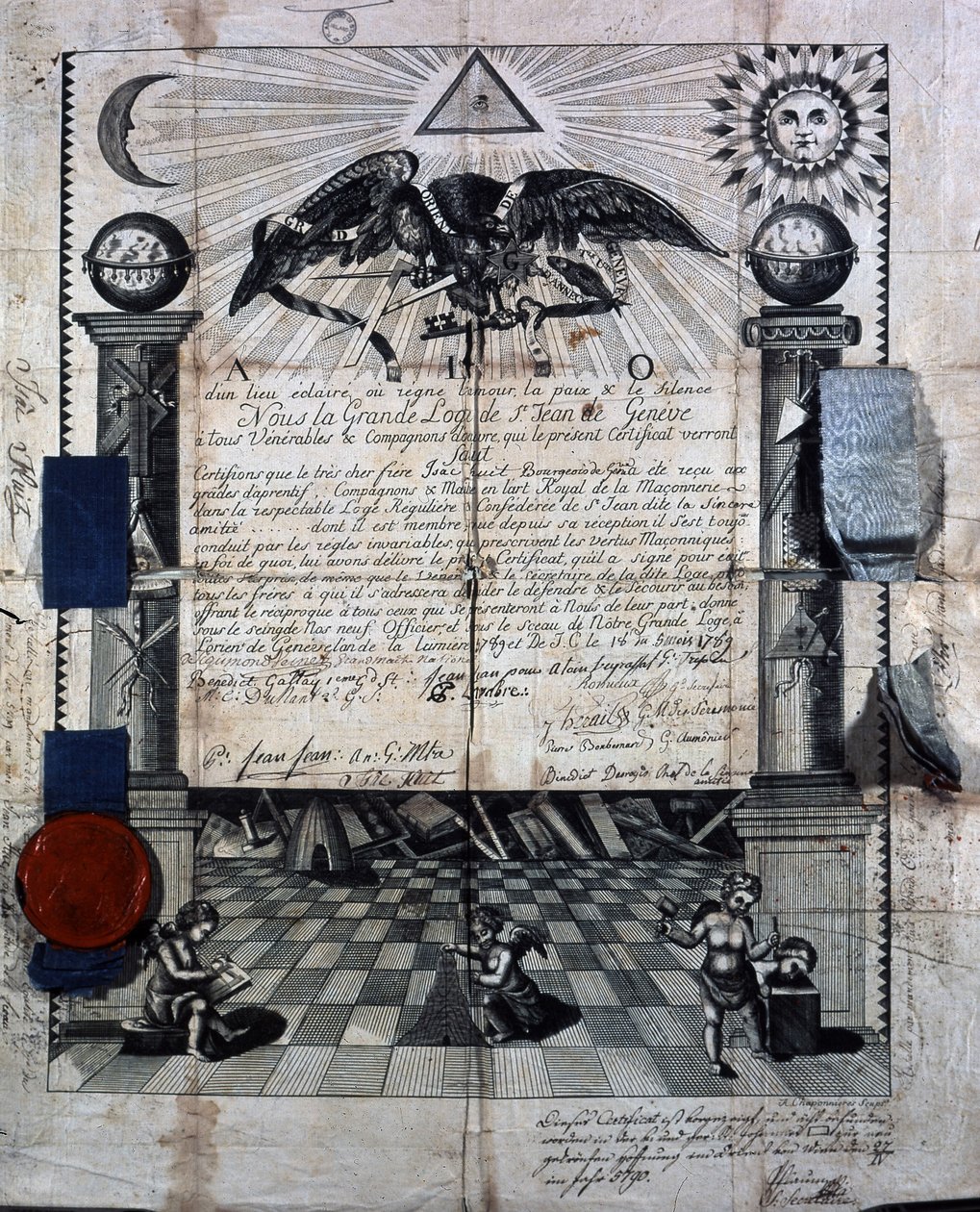 Diplom von Isaac Huit als Gefährte und Meister in der königlichen Maurerkunst, verliehen 1789 von der Großloge von St-Jean in Genf von Unknown artist