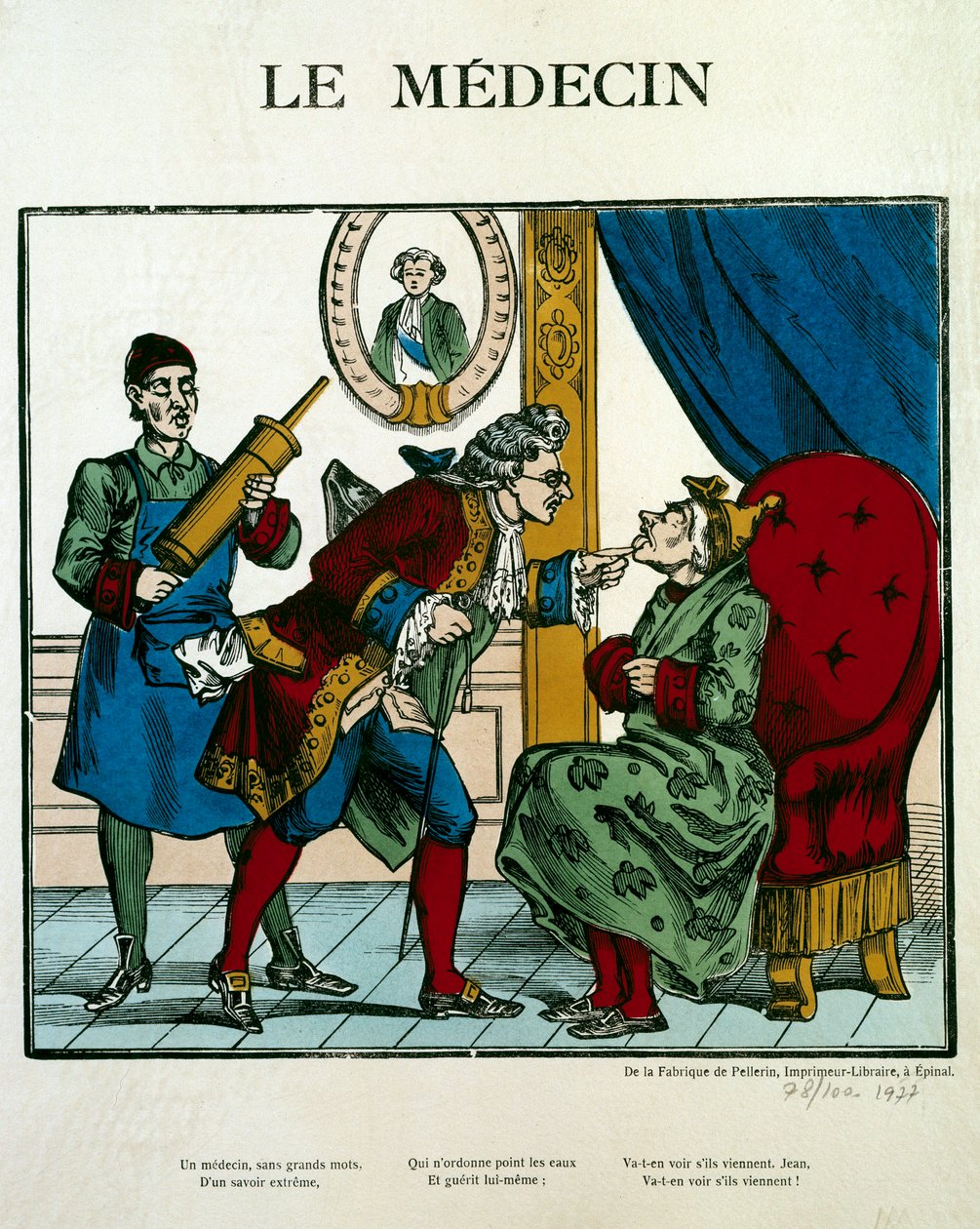 Arztszene, die einen Arzt zeigt, der einen Patienten untersucht, sein Assistent hinter ihm hält einen Klistier. Gravur aus dem 19. Jahrhundert von Unknown artist