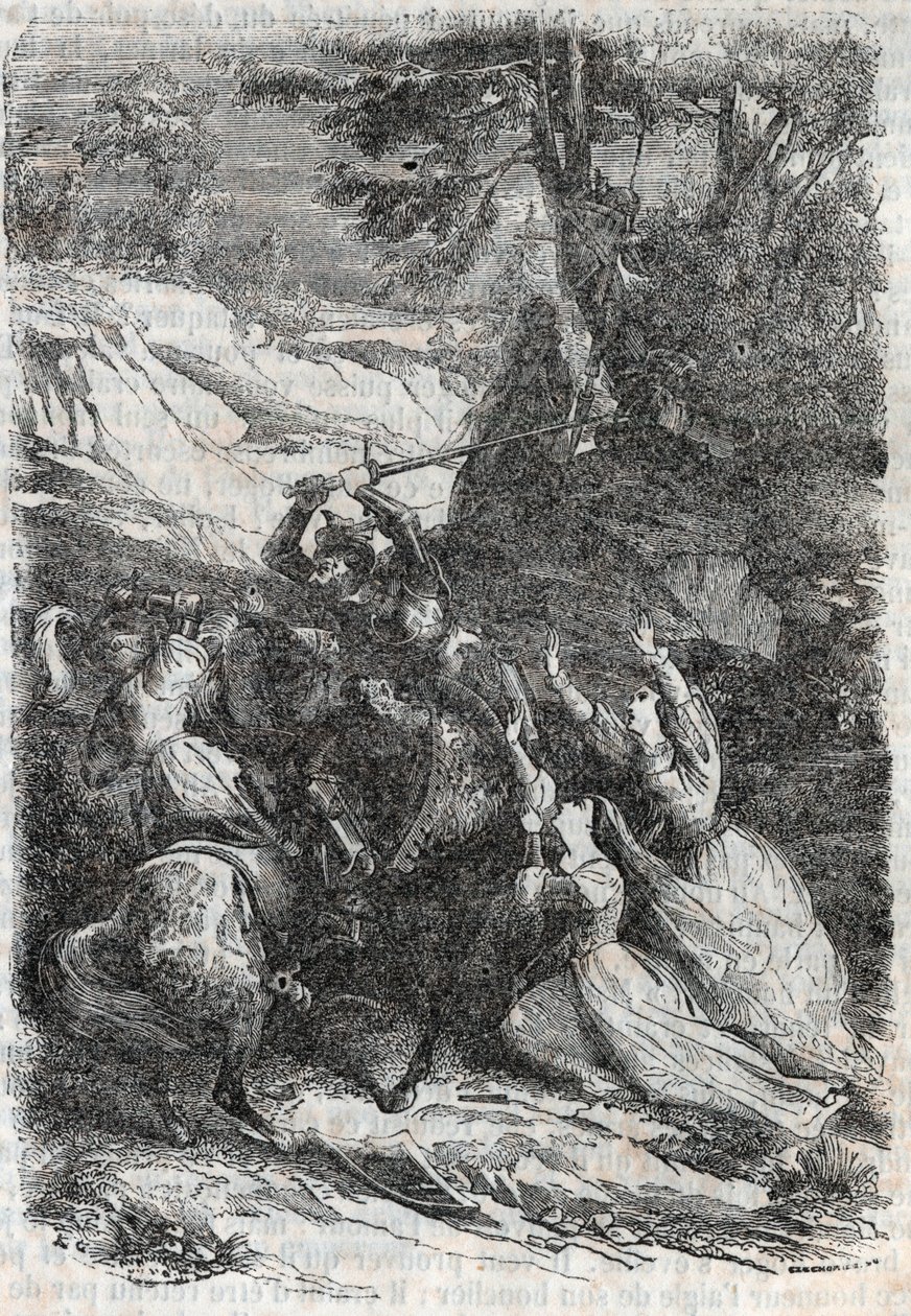 Doralice und Isabelle wollen Mandricard und Zerbin trennen (Gravur von 1851 aus „Roland furieux“) von Unknown artist