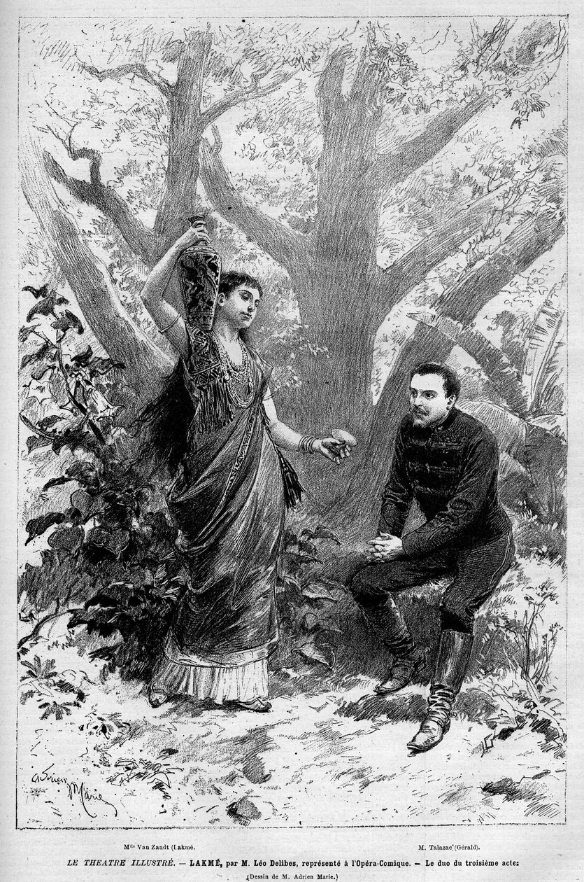 Duett des dritten Akts mit der Sängerin Marie van Zandt aus der Oper „Lakme“ von Leo Delibes, Edmond Gondinet und Philippe Gille, erstmals aufgeführt am 14. April 1883 an der Opéra Comique in Paris. In „Le Monde illustré“ 1883 von Unknown artist