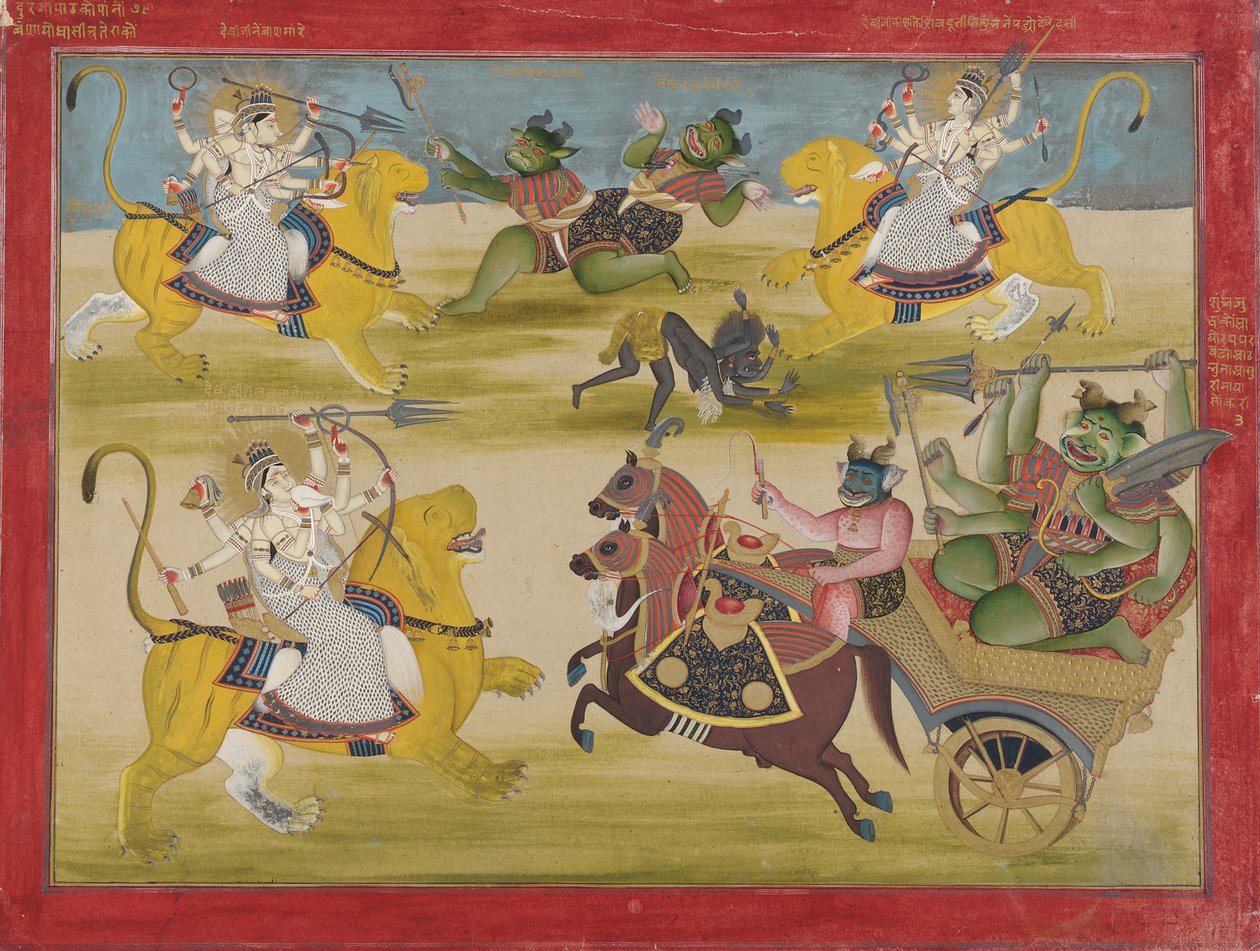 Durga kämpft gegen die Rakshashas Shunga und Nishunga, aus einem Devi Mahatmya von Unknown artist