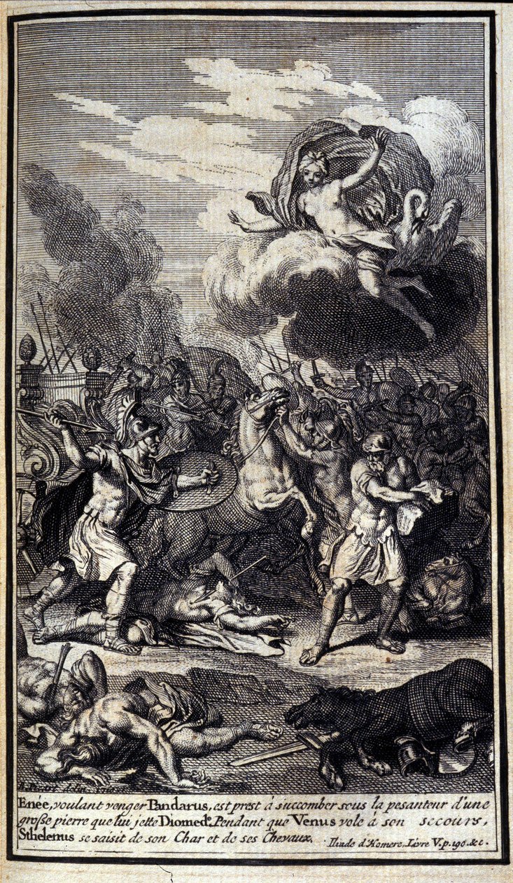 Eneas, der Pandaros rächen will, ist bereit, unter dem Gewicht eines großen Steins zu erliegen, den Diomedes wirft. Venus fliegt zu seiner Rettung (Illustration aus Buch V der Ilias von Homer) von Unknown artist