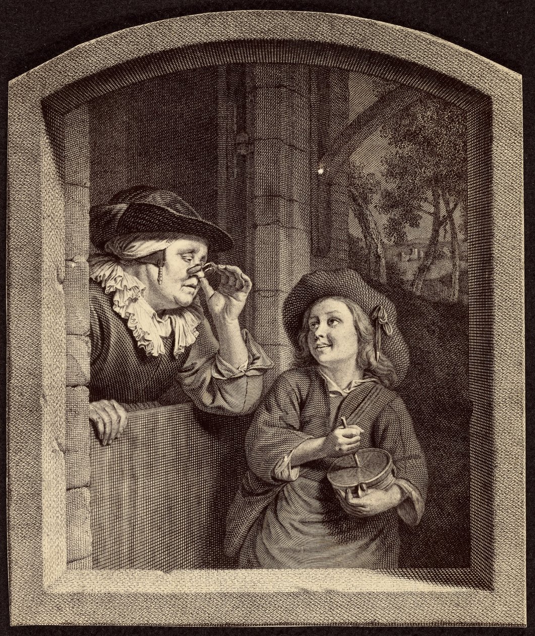 Gravur einer alten Frau und eines Jungen von Unknown artist