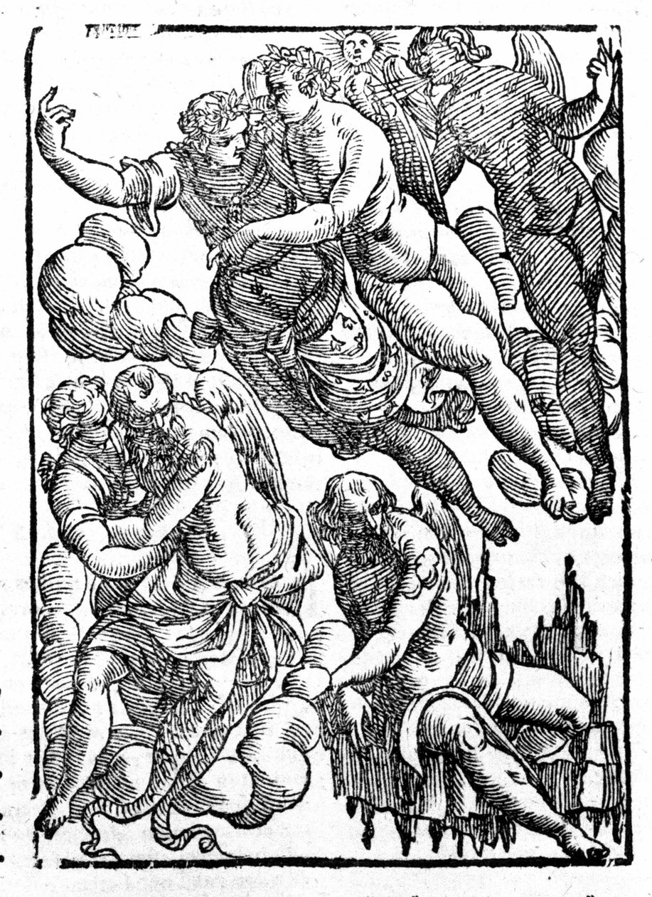 Eole (unten rechts) und Winde. „Mythologiae sive explicationes fabularum“ von Natalis Comitis. Padua 1677. von Unknown artist