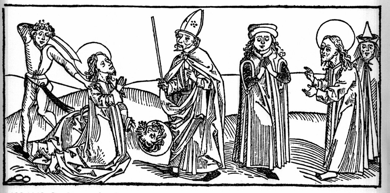 Episode aus dem Leben des Heiligen Jakobus des Älteren: Der Heilige wird unter den Augen von Herodes Agrippa, König von Judäa, enthauptet. Gravur aus „Leben der Heiligen - Sommerteil“ (Das Buch der Heiligen) von Jacobus (Jakob) von Voragine (1228-1298). Lü von Unknown artist