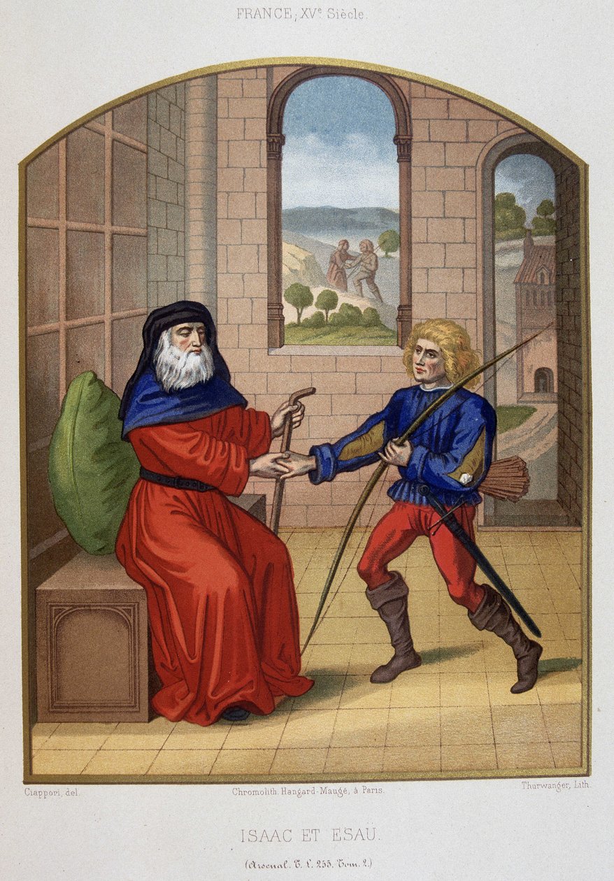 Esau mit seinen Jagdwaffen und seinem Vater Isaak. Chromolithographie des 19. Jahrhunderts. von Unknown artist