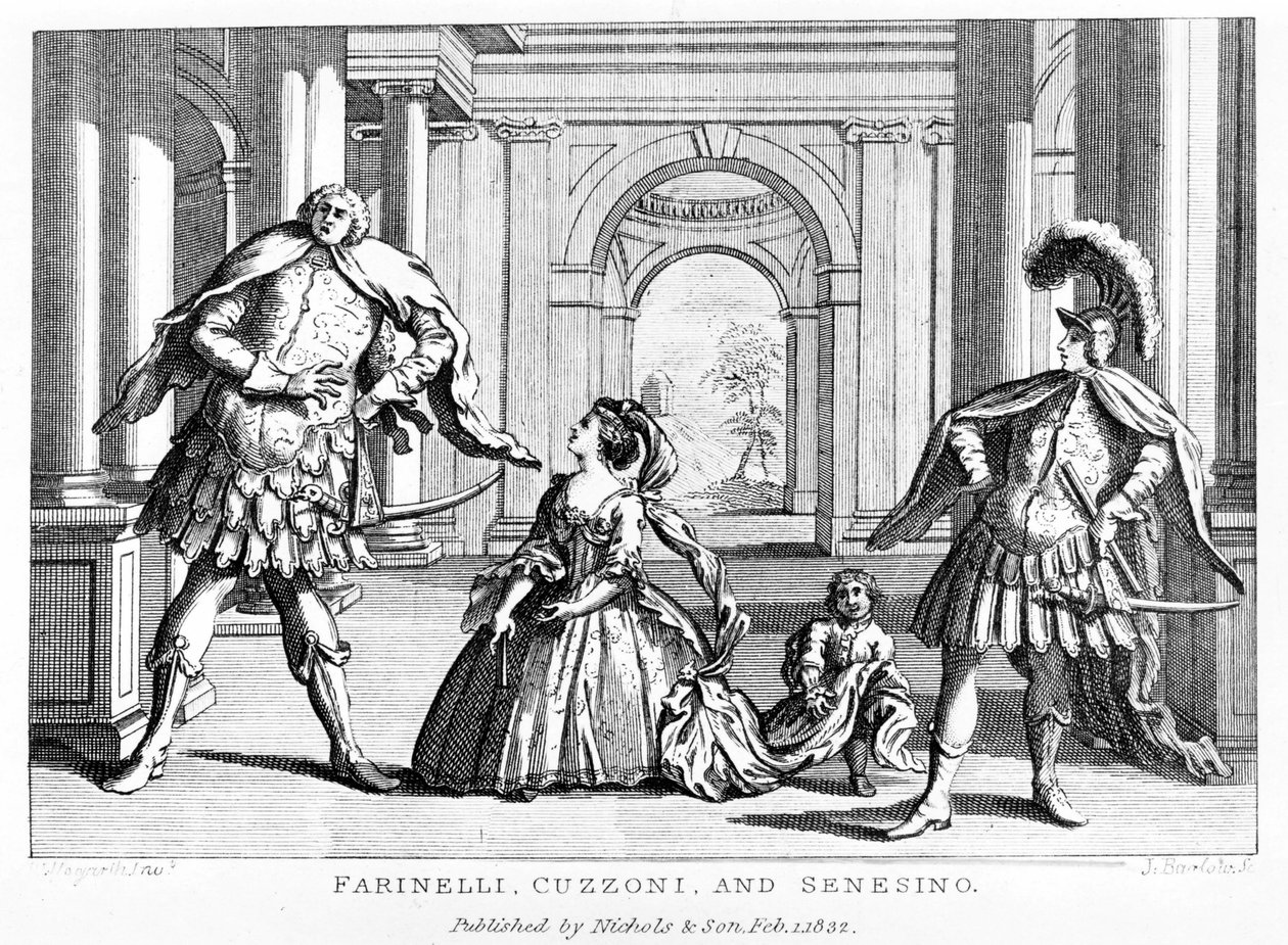 Farinelli (Carlo Broschi, genannt; 1705 - 1782) mit der Sopranistin Cuzzoni und dem Kastraten Francesco Bernardo Senesino (1680 - 1750) in der Oper von Georg Friedrich Händel von Unknown artist