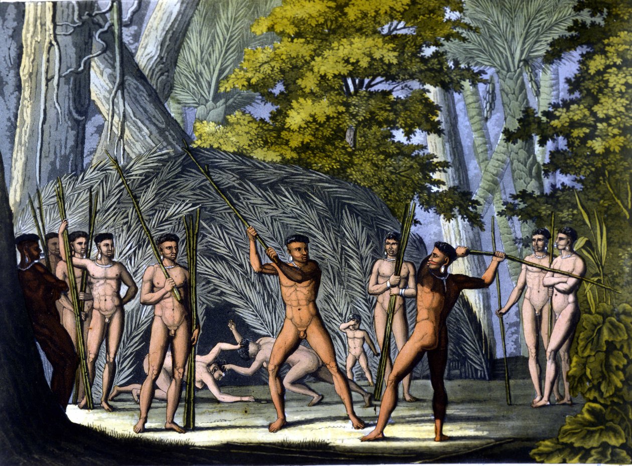 Kampf zwischen Botocudos, Indianer Brasiliens - in „The old and modern costume“ von Ferrario, ed. Mailand von Unknown artist