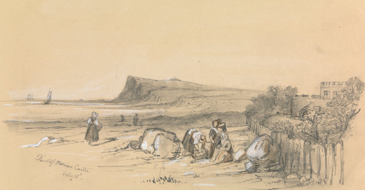Figuren am Strand mit Walmer Castle in der Ferne von Unknown artist
