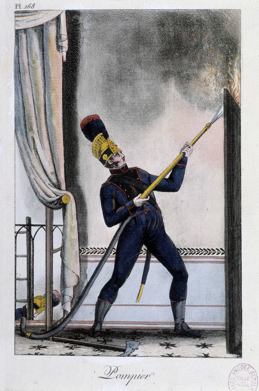 Feuerwehrmann mit Wasserlanze, löscht ein Feuer - um 1830 von Unknown artist