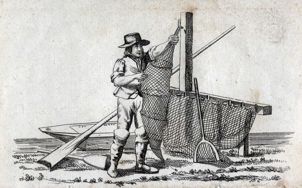 Fischer und Fischernetz. Feine Gravur des 18. Jahrhunderts. Private Sammlung. von Unknown artist