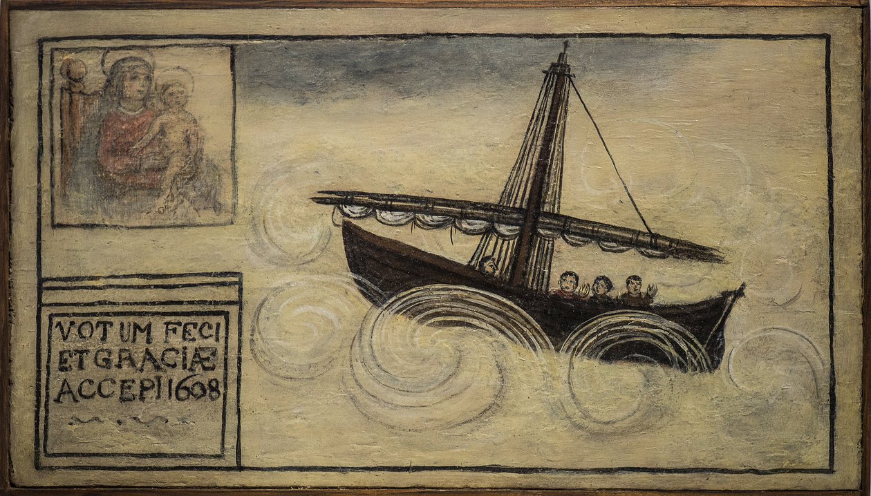 Ehemaliges Votivbild (ex voto) eines Seemanns, populäres Angebot als Zeichen der Hingabe und Dankbarkeit des Seemanns, der die Gefahren des Meeres überlebt hat, aus der Kirche von Carmine, Torre del Greco, in der Nähe von Neapel, 1608 Italien von Unknown artist