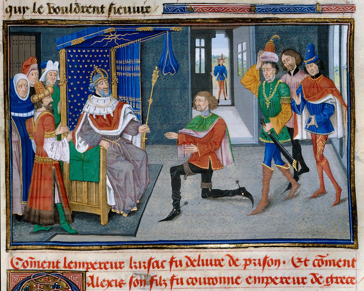 Vierter Kreuzzug: Darstellung von Alexis IV. Angelos als Kaiser neben seinem Vater Isaak II., nachdem er ihn 1203 aus dem Gefängnis befreien konnte. Miniatur aus Chronicle abregee von David Aubert von Unknown artist