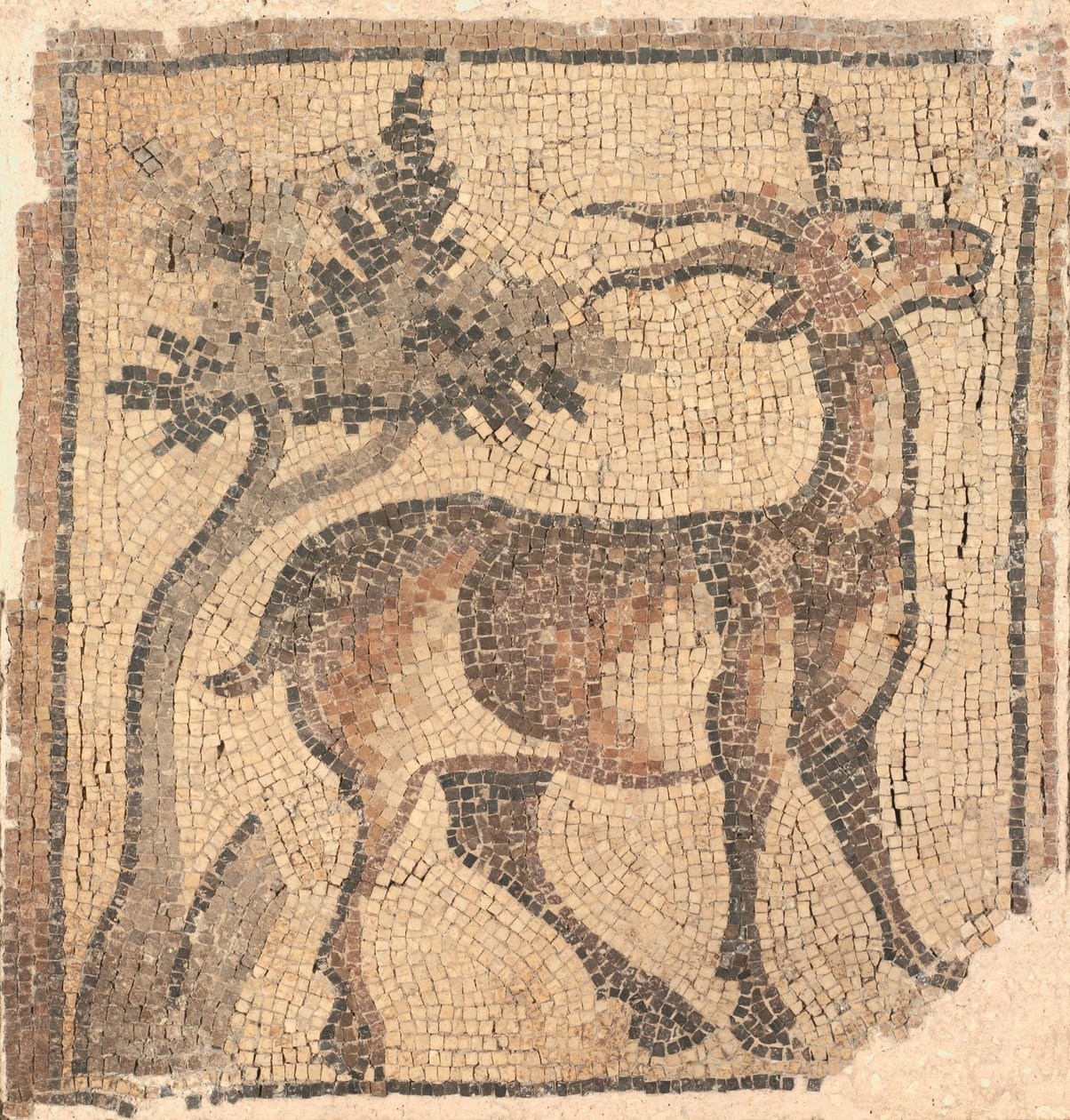 Fragment eines Bodenmosaiks: Steinbock in der Nähe eines Baumes von Unknown artist