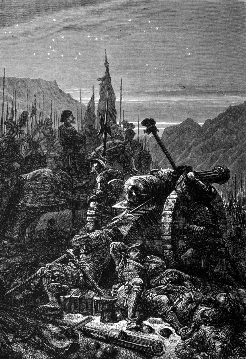 Franz I. (1494 - 1547) blieb in der Nacht vor der Schlacht von Marignano, September 1515, im Sattel. Gravur aus dem 19. Jahrhundert. von Unknown artist