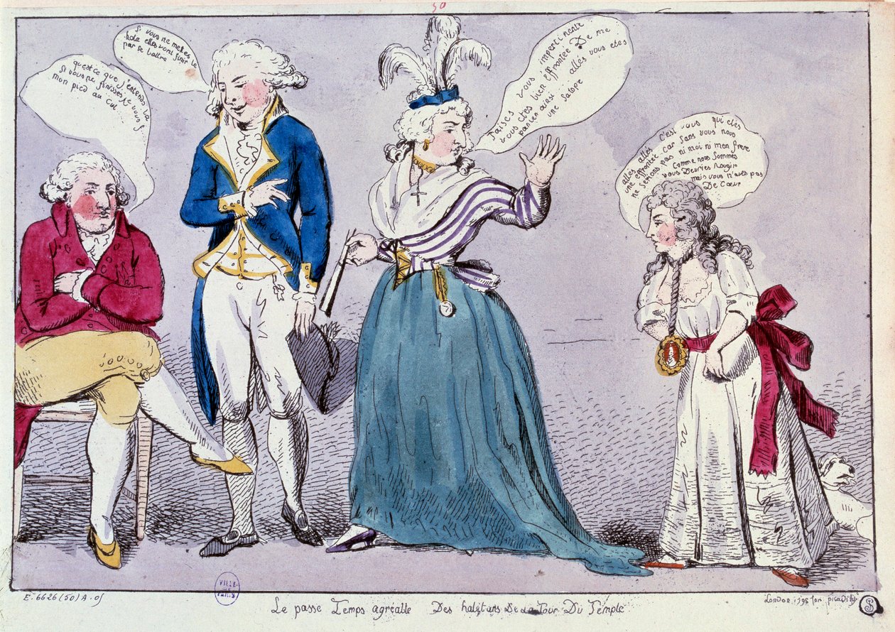 Französische Revolution: Karikatur gegen die Familie von Königin Marie Antoinette (1755-1793) und Ludwig XVI. im Tempelgefängnis. Die Königin und die Schwester des Königs, Madame Elisabeth, streiten unter den Überresten des Königs. Ihre Worte sind in Sprec von Unknown artist