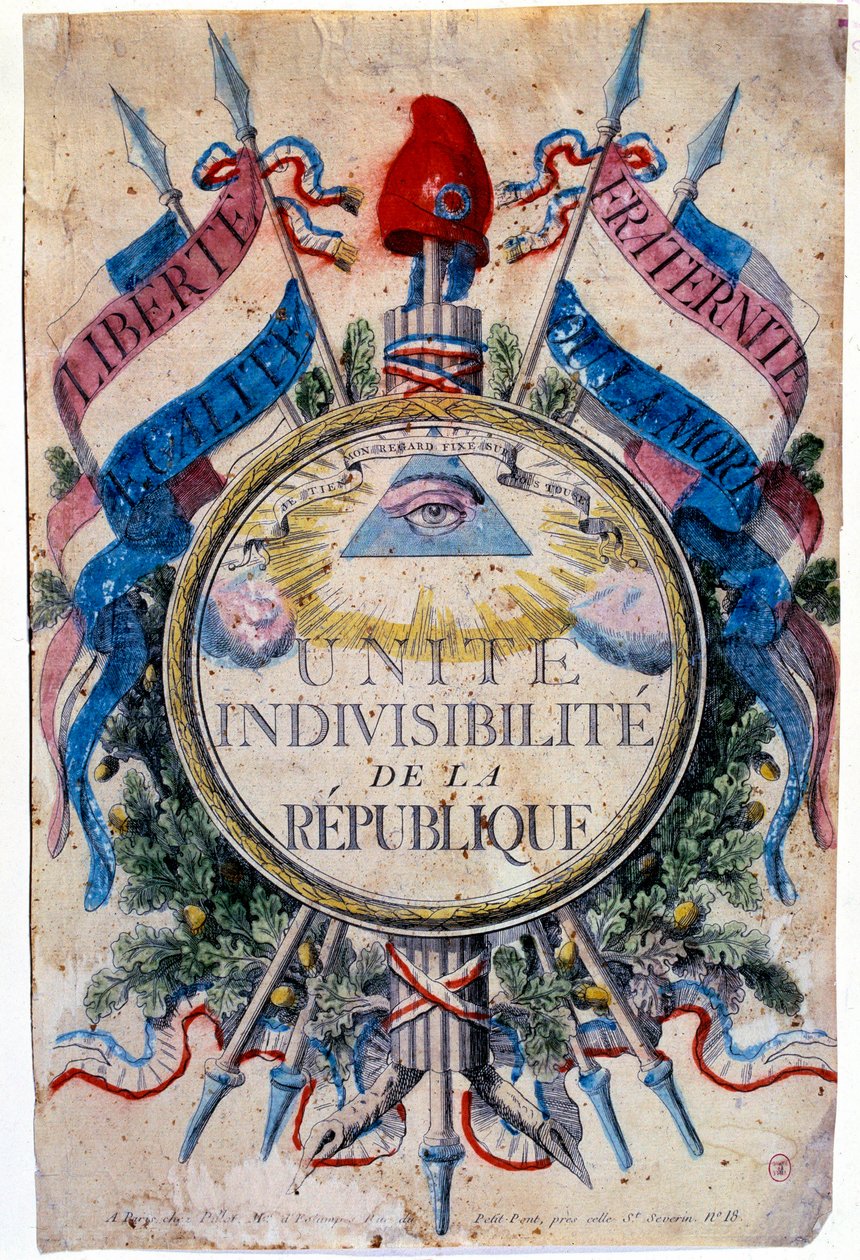 Französische Revolution: Freiheit, Gleichheit, Brüderlichkeit oder Tod. Unteilbarkeit der Republik, die revolutionären Symbole von Unknown artist