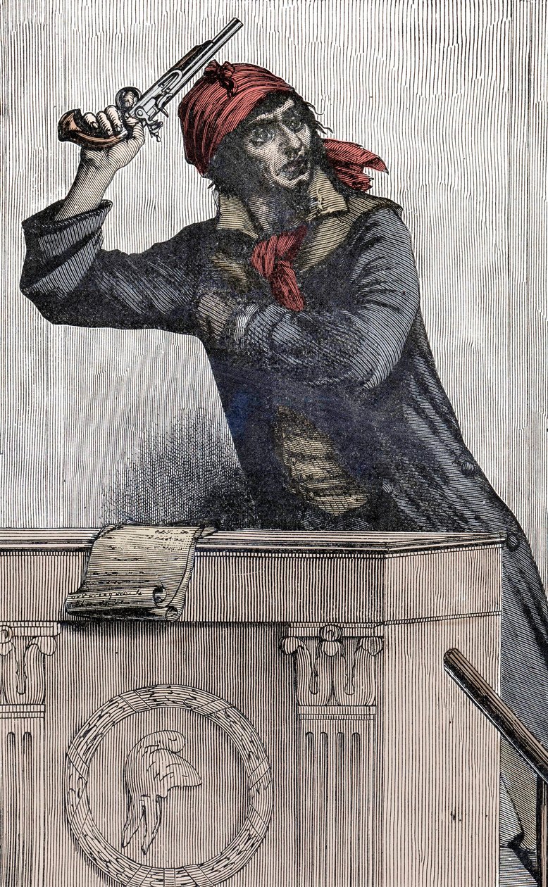 Französische Revolution: Porträt von Jean Paul Marat (1743-1793), Montagnard-Abgeordneter bei der Konvention, mit einer Pistole am Rednerpult von Unknown artist