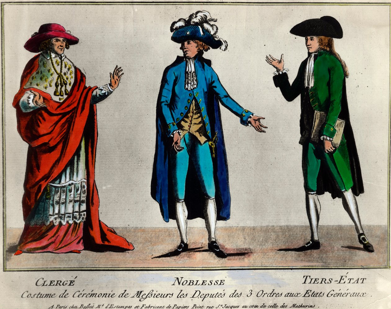 Französische Revolution: Darstellung der Deputierten der drei Stände in den Generalständen in zeremonieller Kleidung: der Klerus, der Adel und der dritte Stand. Druck aus dem späten 18. Jahrhundert von Unknown artist