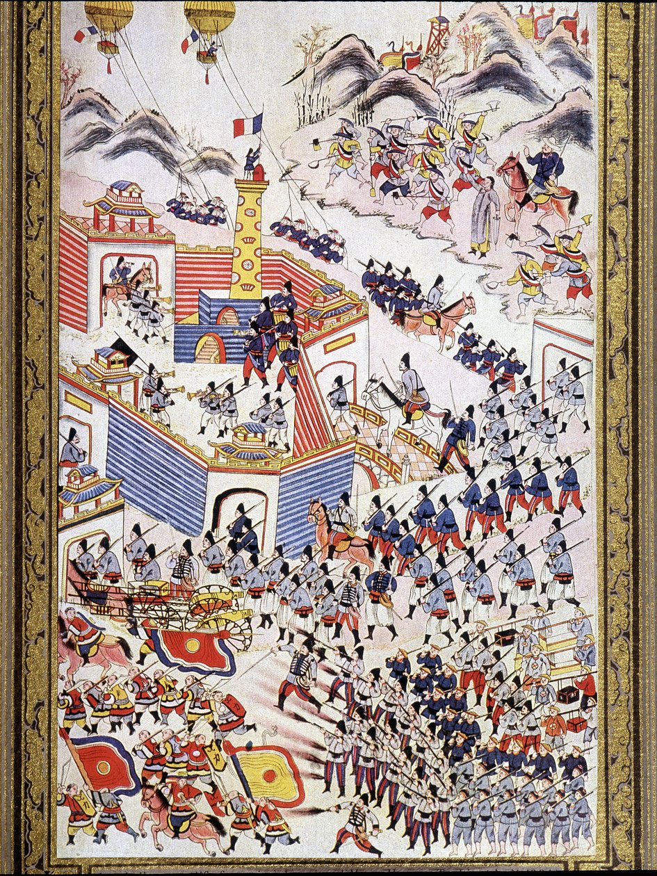 Französische Fesselballons bei der Eroberung von Hong Hoa in Tonkin, August 1884. von Unknown artist