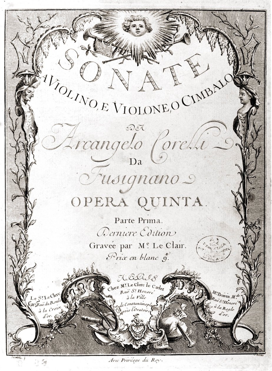 Frontispiz von 12 Sonaten für Violine, Bass und Cembalo von Arcangelo Corelli. Französische Version. von Unknown artist