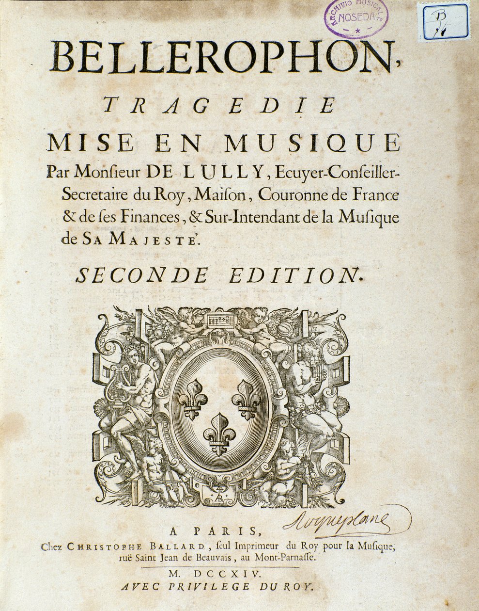 Frontispiz von „Bellerophon“, lyrische Tragödie in fünf Akten mit einem Prolog von Jean Baptiste Lully (Giovanni Battista Lulli) (1632-1687). 1714 von Unknown artist