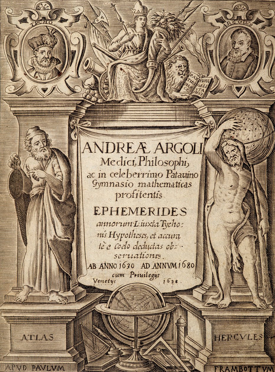 Frontispiz von „Ephemerides“ mit Herkules und Atlas von Andreae Argoli von Unknown artist