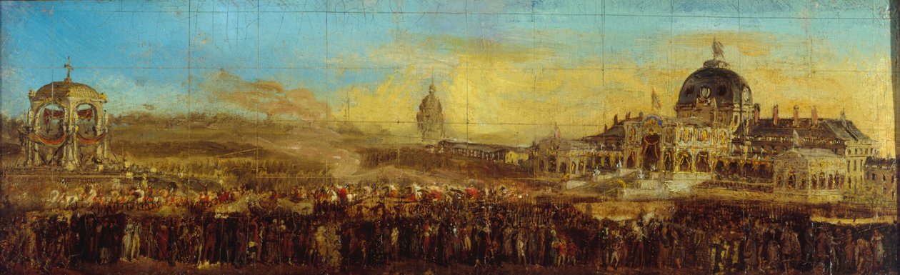 Fest am 10. Mai 1852 auf dem Champ-de-Mars; Abfahrt des Prinz-Präsidenten nach der Segnung der Fahnen. Heutiger 7. Bezirk, Paris, zwischen 1847 und 1857 von Unknown artist