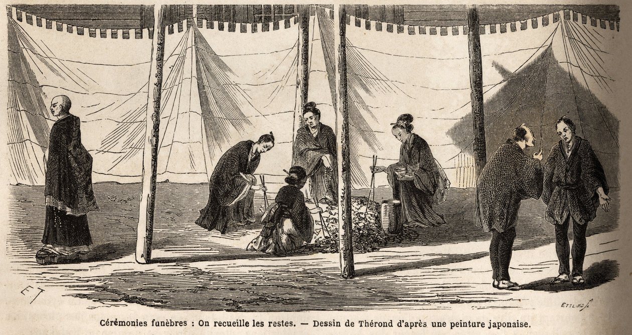 Beerdigungszeremonien: nach der Einäscherung, Sammlung der Überreste. Gravur zur Illustration der Reise nach Japan 1863-1864, von Aimé Humbert, Minister der Schweizerischen Eidgenossenschaft, in „Le tour du monde, nouveau journal des voyages“ von Unknown artist