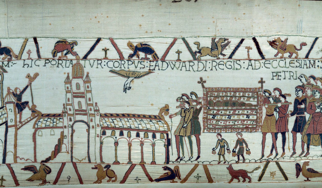 Beerdigung von König Eduard dem Bekenner von England, sein Körper wird zur Kirche von St. Peter gebracht Detail des Teppichs von Bayeux oder der Stickerei von Königin Mathilde von Unknown artist
