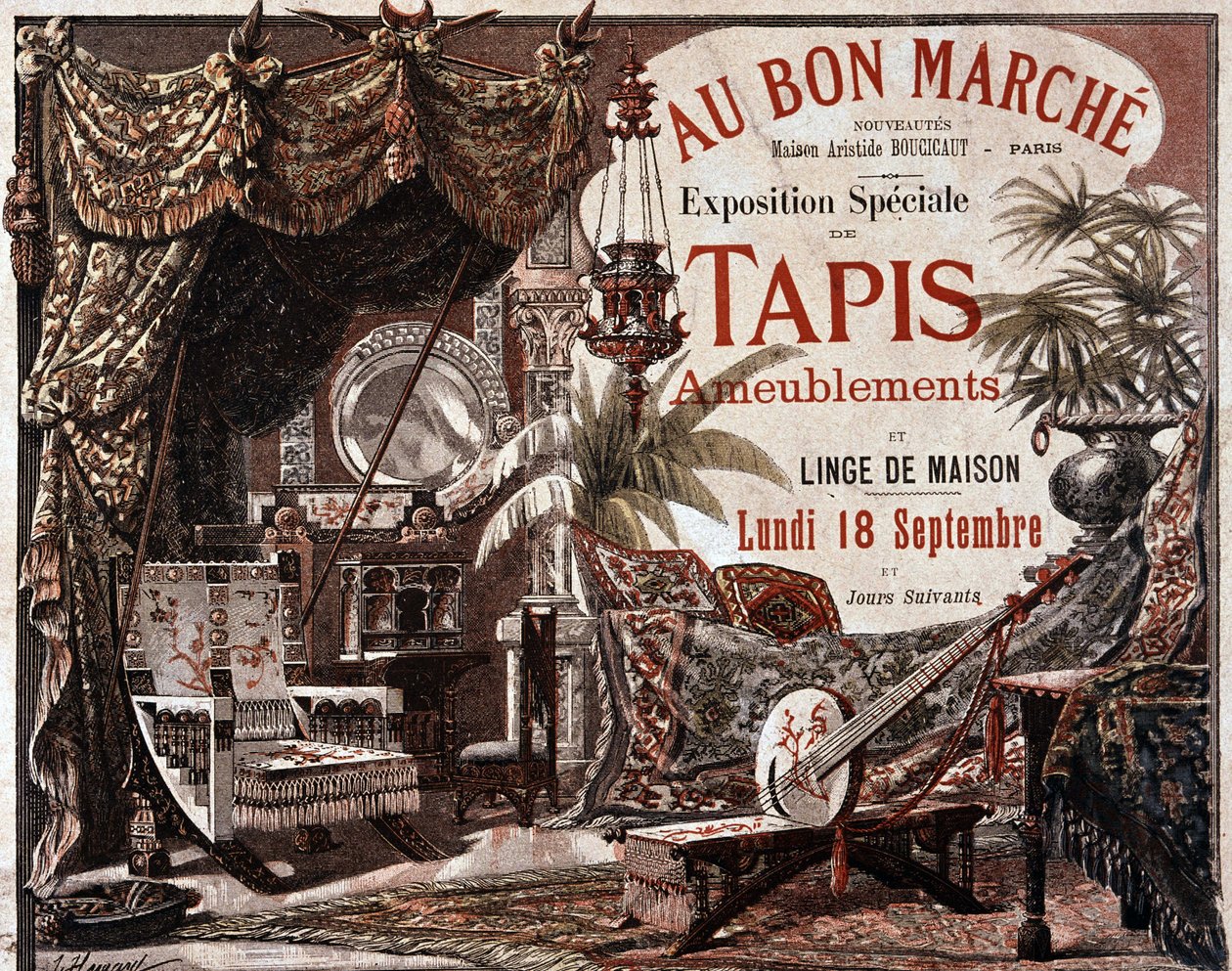 Möbel und Möbelteppiche - Werbung des Geschäfts „Le bon marche“, Ende des 19. Jahrhunderts von Unknown artist
