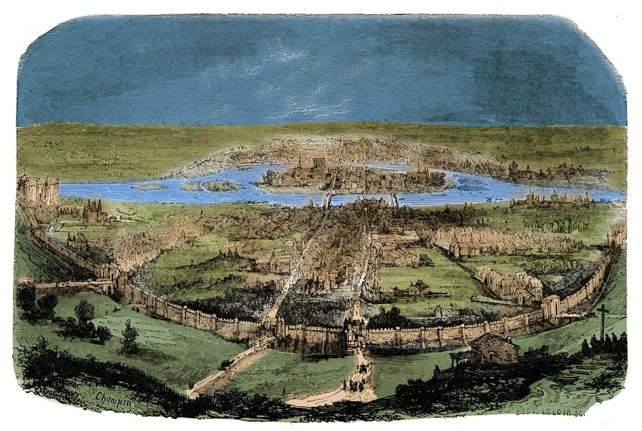 Gesamtansicht von Paris mit der Umfriedung unter Philippe Auguste, Gravur 19. Jahrhundert von Unknown artist