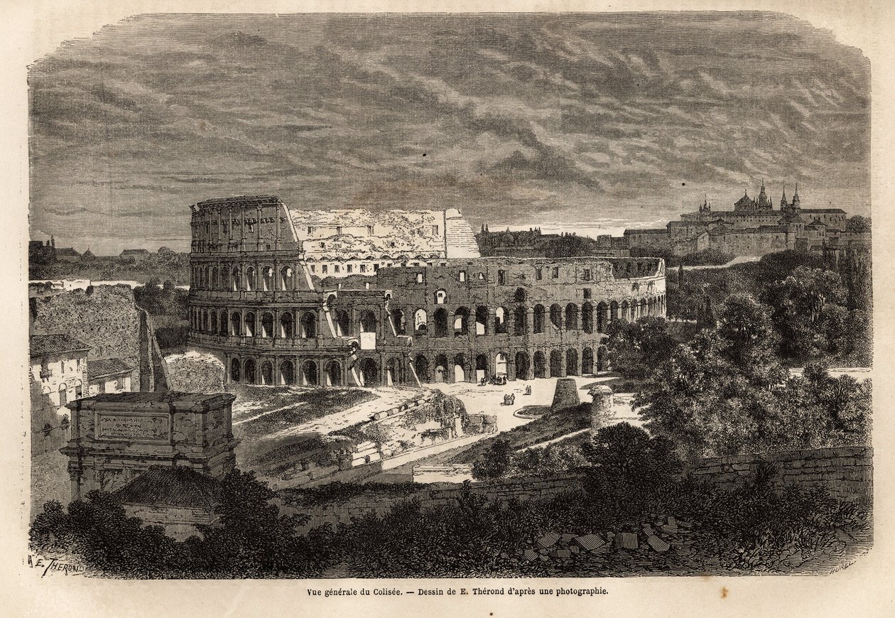 Gesamtansicht des Kolosseums in Rom, flavisches Amphitheater, das im Jahr 80 unter der Herrschaft von Kaiser Titus fertiggestellt wurde, bis zu 75.000 Menschen fassend, blieb es bis zum 6. Jahrhundert in Betrieb, Symbol des imperialen Roms, östlich des Röm von Unknown artist