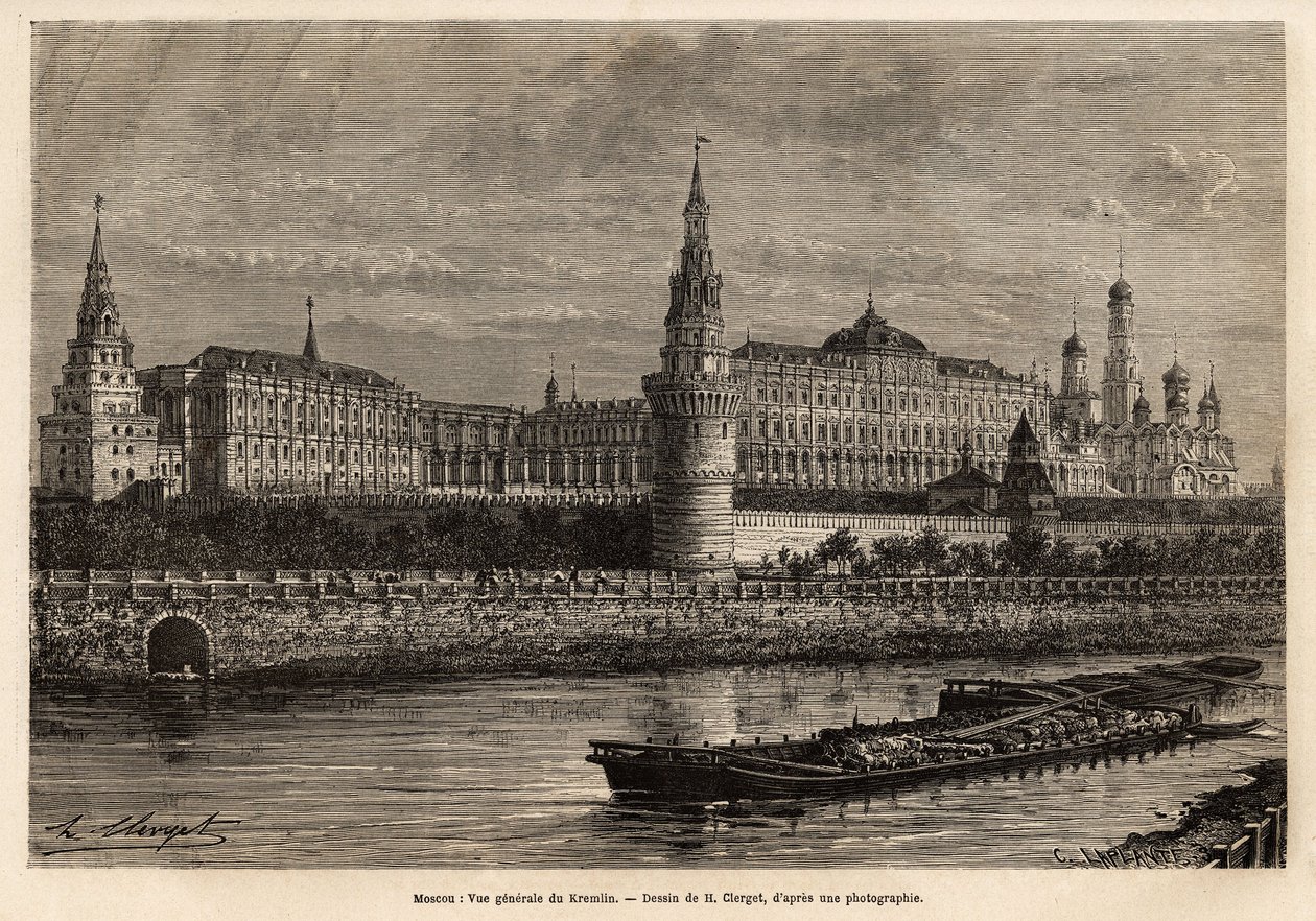 Gesamtansicht des Kremls, das geografische Zentrum von Moskau und das politische Zentrum Russlands, das im 14. Jahrhundert erbaute Viertel wurde im Laufe der historischen Ereignisse des Landes immer wieder erweitert und restauriert. Gravur zur Illustration von Unknown artist