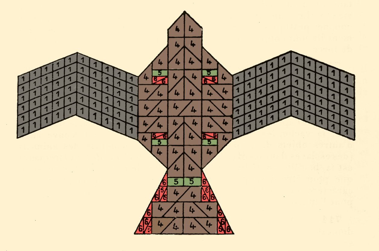 Geometrie der Sulbasutras: Plan des Feueraltars in Form eines Falken. Mathematisches Schema, das sich auf die Bauvorschriften für Opferaltäre aus der vedischen Zeit Indiens (1500-500 v. Chr.) bezieht. Journal of the Asiatic Society of Bengal von Unknown artist
