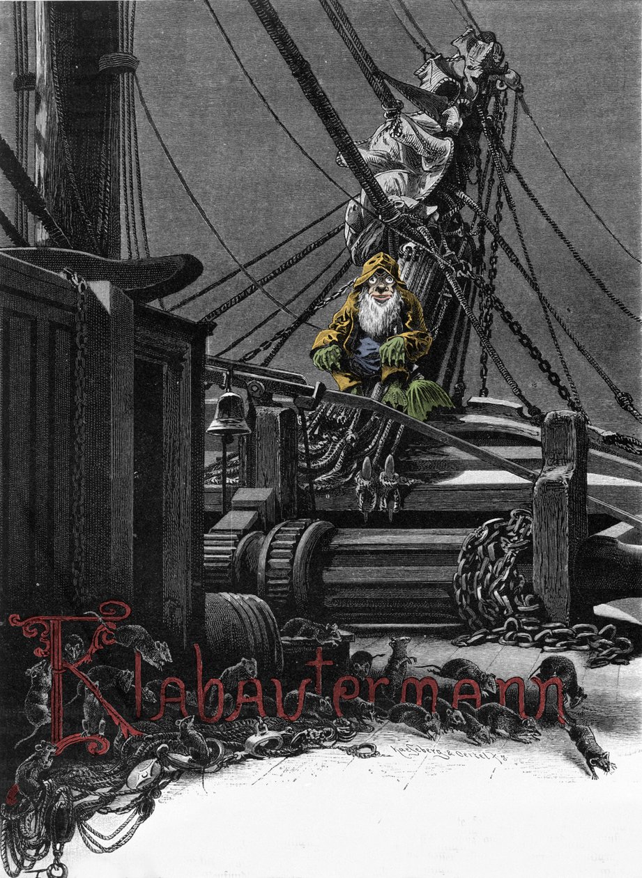 Germanische Mythologie: Darstellung eines Klabautermanns auf dem Deck eines Schiffes, ein elfischer Beschützer der Schiffe auf See. Gravur des 19. Jahrhunderts von Unknown artist