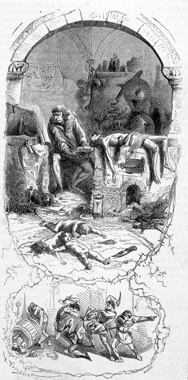 Gilles de Rais (Retz oder Rays) (1404-1440) in Situation: die Zauberer kauften für ihre magischen Operationen totgeborene Kinder (15. Jahrhundert) - Gravur, n.d. von Unknown artist