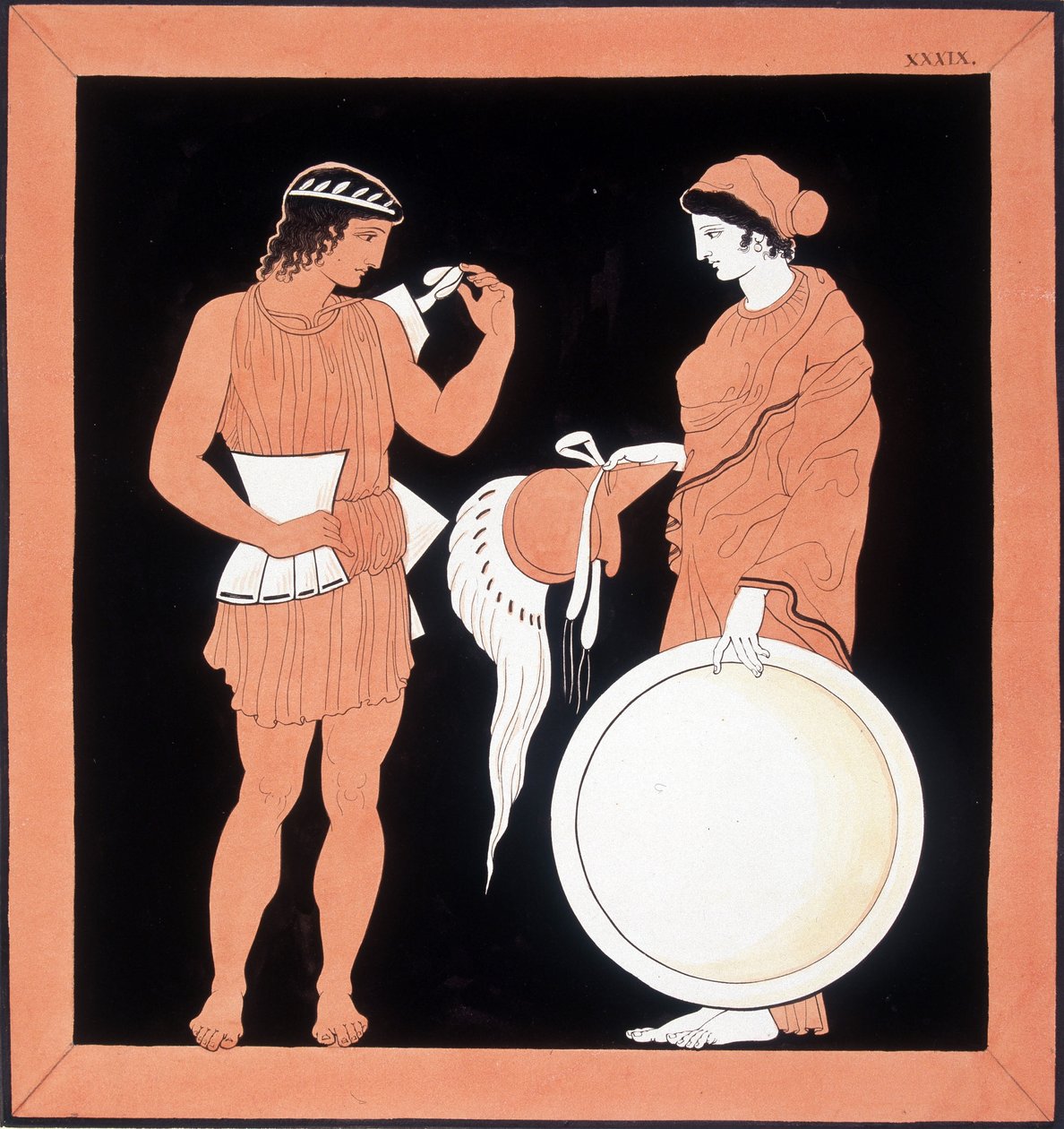 Griechische Mythologie: Andromache überreicht ihrem Ehemann die Waffen. von Unknown artist