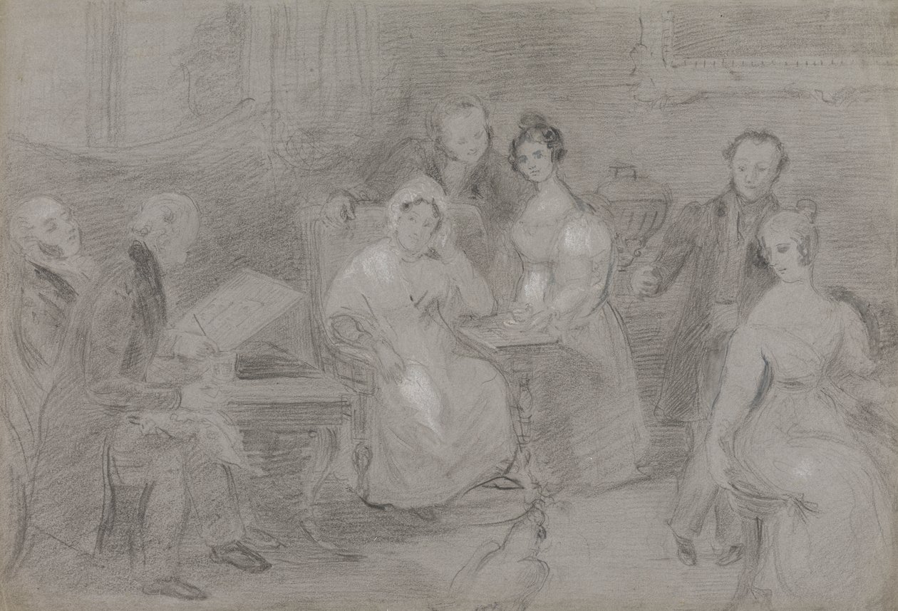 Gruppe von Figuren, mit einem Mann, der Aquarelle malt, und einem Mädchen, das Teetassen reicht von Unknown artist