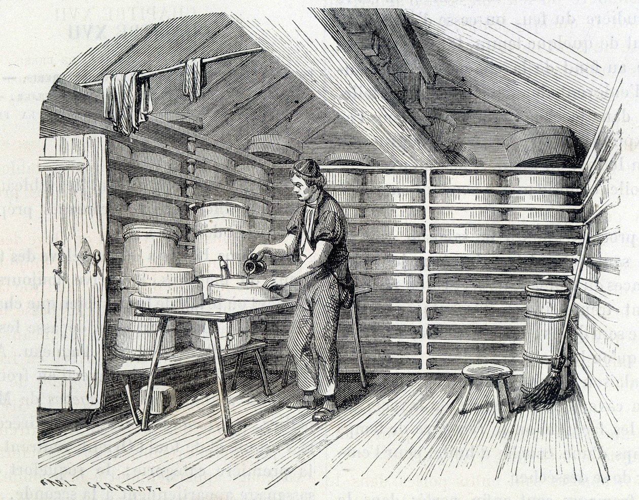 Gruyère-Käserei in einem Schweizer Chalet (Waschen der Rinde) - in „Die Wunder der Industrie“ von Louis Figuier von Unknown artist