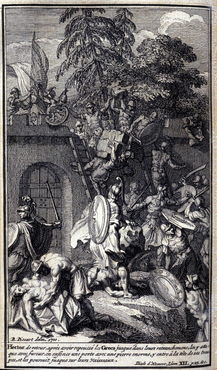 Hektor, zurück nach dem Zurückdrängen der Griechen, greift sie mit Wut an (Illustration aus Buch XII der Ilias von Homer) von Unknown artist
