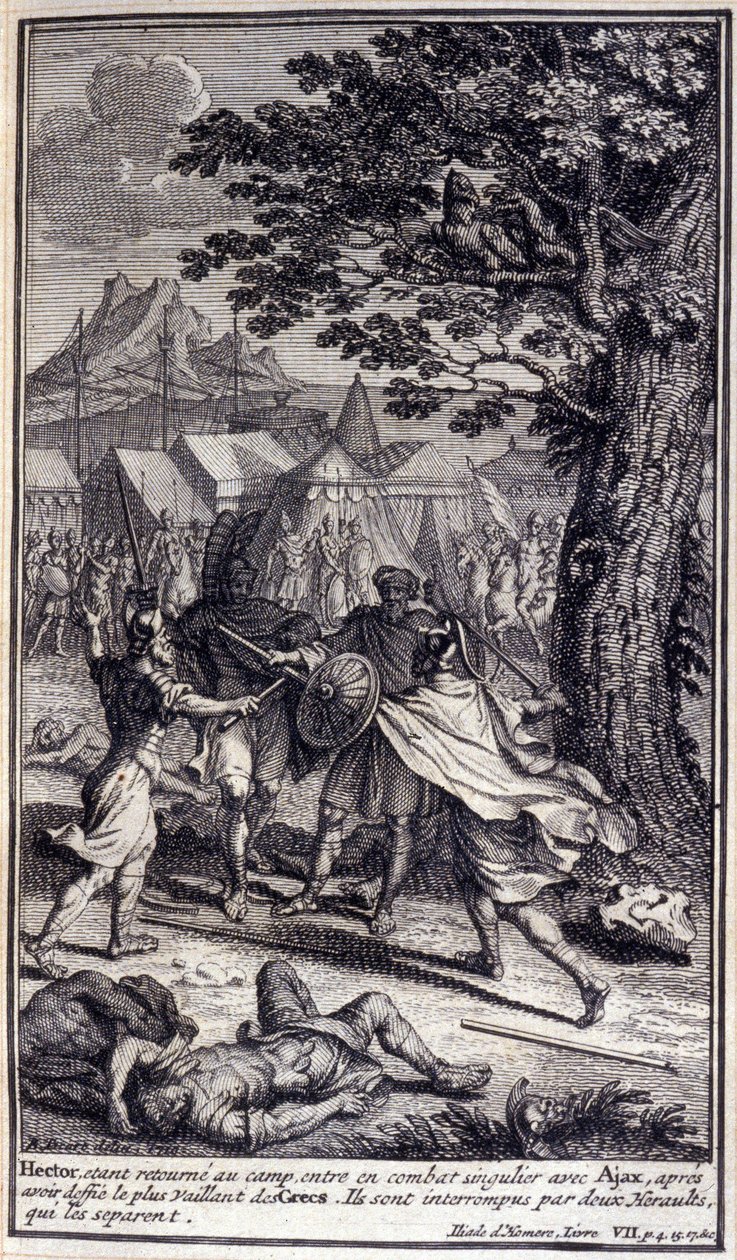 Hektor, zurück im Lager, tritt in einen Einzelkampf mit Ajax, nachdem er die tapfersten Griechen herausgefordert hat. Sie werden von zwei Herolden unterbrochen, die sie trennen. Illustration für Buch VII der Ilias von Homer, französische Ausgabe von Unknown artist