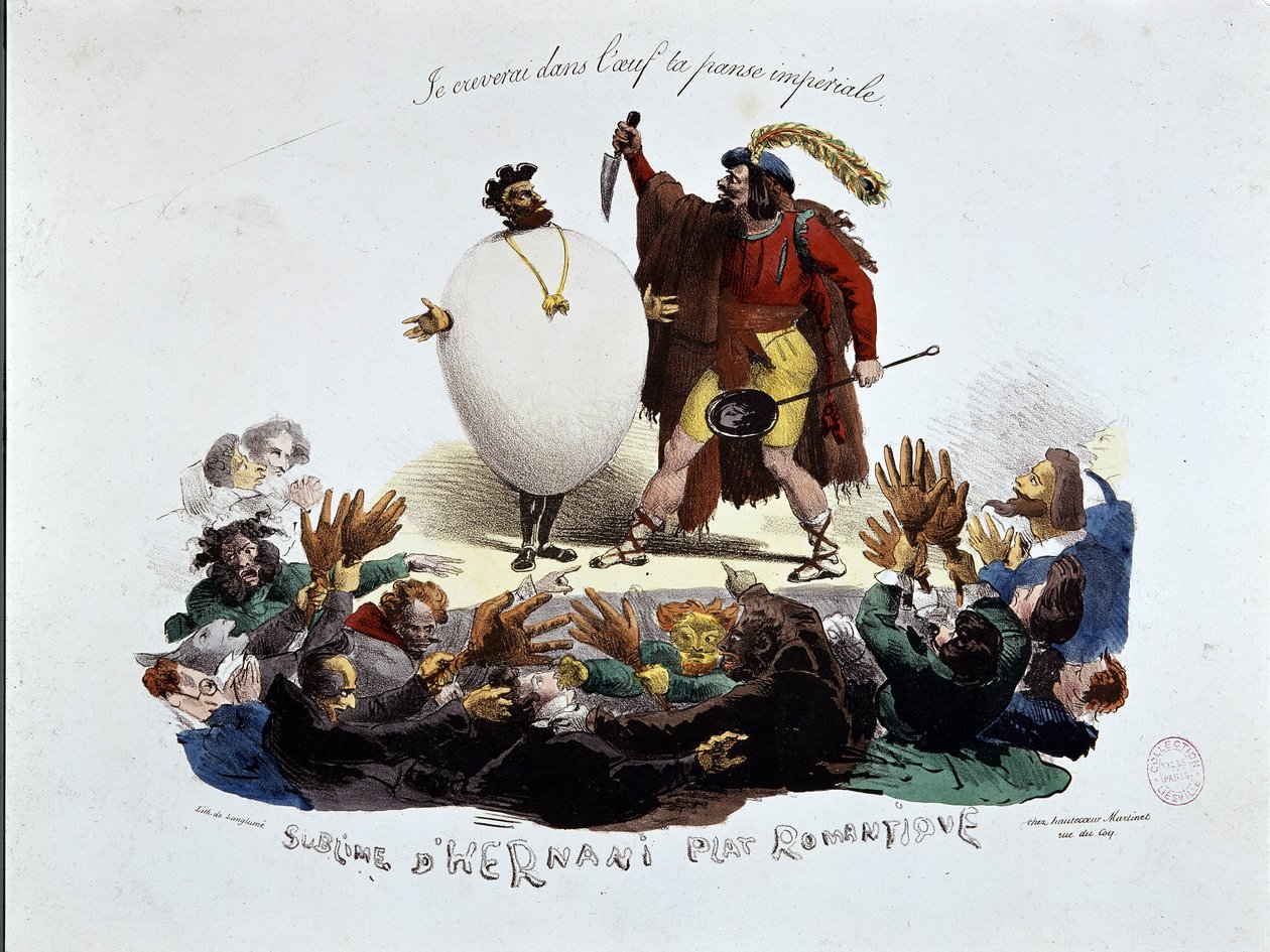 Hernanis erhabenes, romantisches Gericht - Karikatur zu Victor Hugos Stück „Hernani“ („Die Schlacht von Hernani“), anonyme Lithographie von Unknown artist
