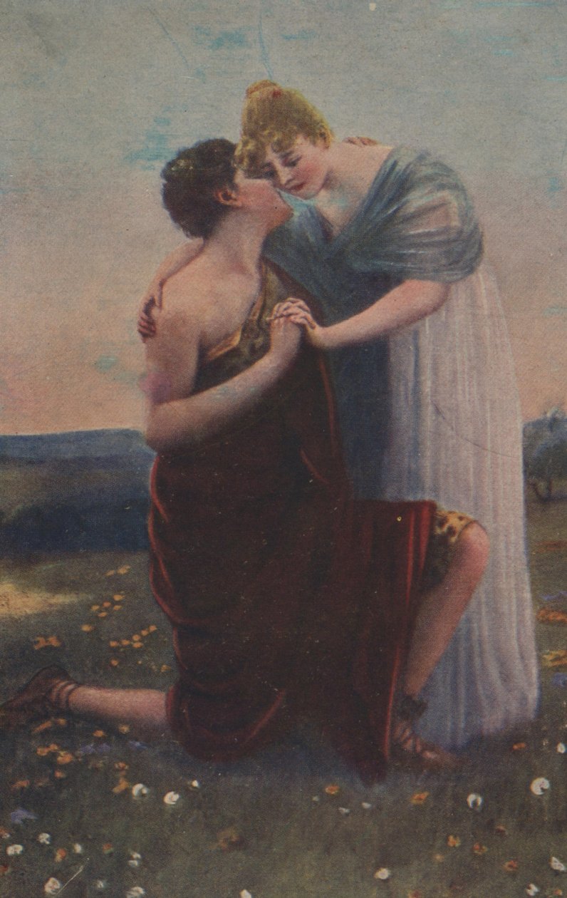 Historische Grußkarte mit historischem Motiv, Frau und Krieger des Mittelalters von Unknown artist